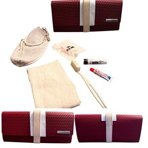 KLM Jantaminiau Business Class Clutch Burgundy with Tan Accent & Amenities NEW